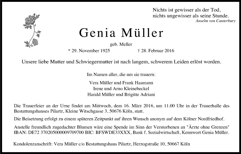  Traueranzeige für Genia Müller vom 12.03.2016 aus Kölner Stadt-Anzeiger / Kölnische Rundschau / Express