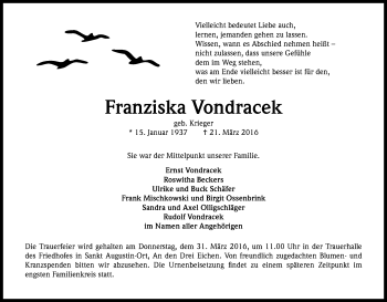 Anzeige von Franziska Vondracek von Kölner Stadt-Anzeiger / Kölnische Rundschau / Express