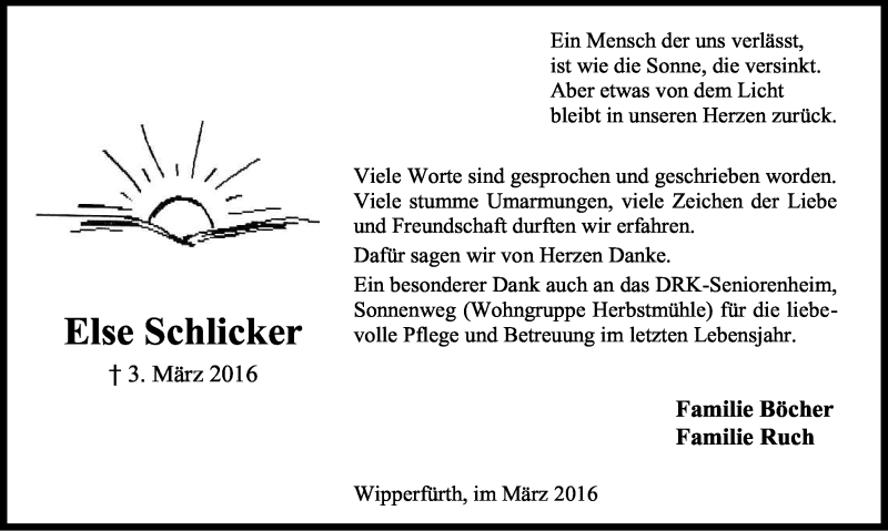  Traueranzeige für Else Schlicker vom 26.03.2016 aus Kölner Stadt-Anzeiger / Kölnische Rundschau / Express