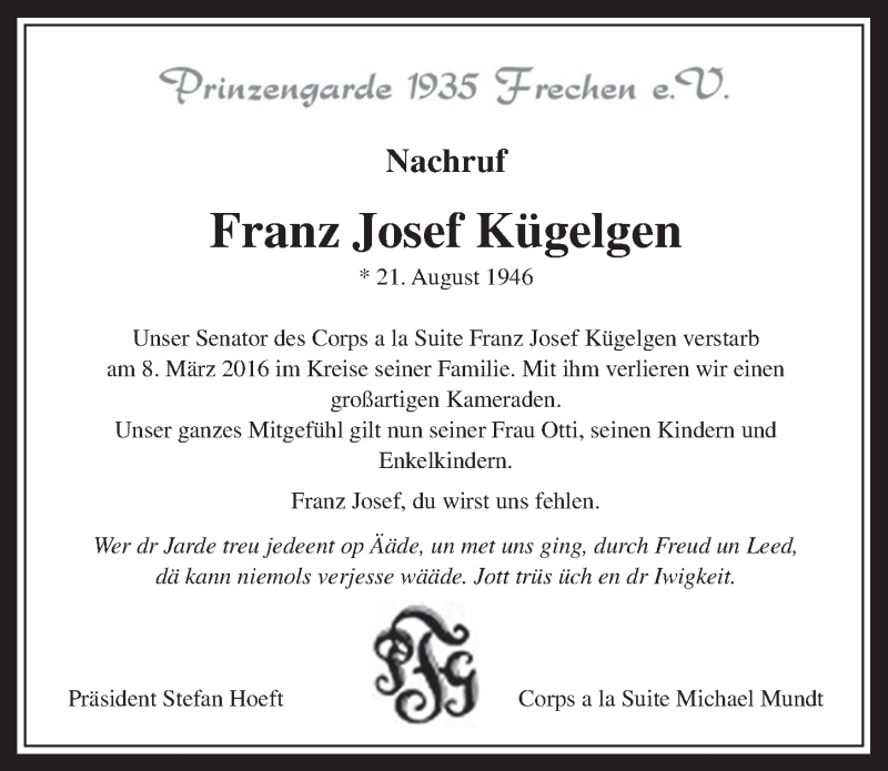  Traueranzeige für Franz Josef Kügelgen vom 16.03.2016 aus  Wochenende 