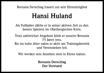 Anzeige von Hansi Huland von Kölner Stadt-Anzeiger / Kölnische Rundschau / Express