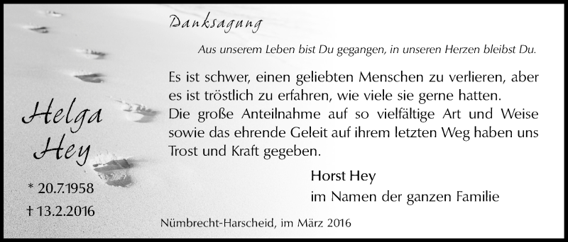  Traueranzeige für Helga Hey vom 23.03.2016 aus  Lokalanzeiger 