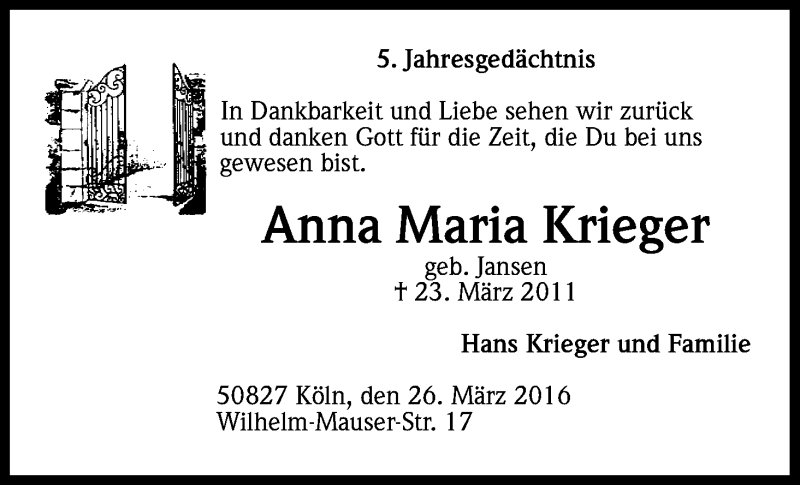  Traueranzeige für Anna Maria Krieger vom 26.03.2016 aus Kölner Stadt-Anzeiger / Kölnische Rundschau / Express