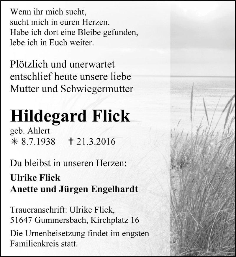  Traueranzeige für Hildegard Flick vom 30.03.2016 aus  Anzeigen Echo 