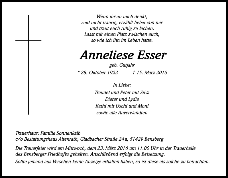  Traueranzeige für Anneliese Esser vom 18.03.2016 aus Kölner Stadt-Anzeiger / Kölnische Rundschau / Express