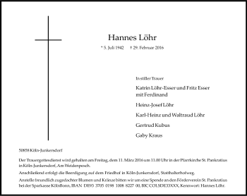 Anzeige von Hannes Löhr von Kölner Stadt-Anzeiger / Kölnische Rundschau / Express