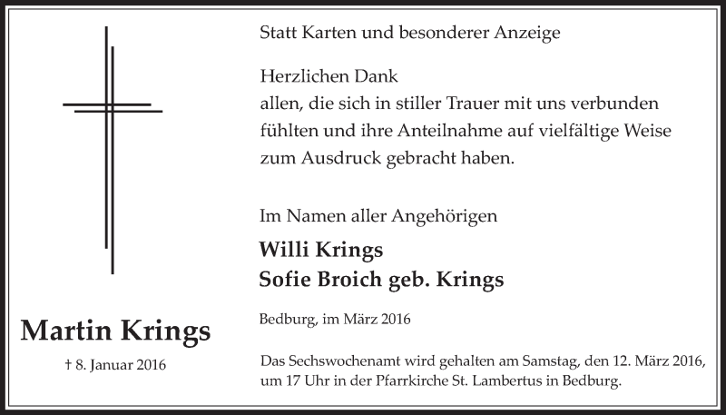  Traueranzeige für Martin Krings vom 09.03.2016 aus  Werbepost 