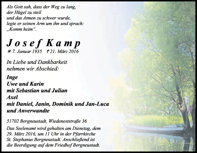  Traueranzeige für Josef Kamp vom 24.03.2016 aus Kölner Stadt-Anzeiger / Kölnische Rundschau / Express