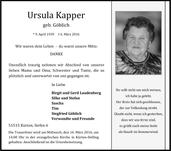 Anzeige von Ursula Kapper von Kölner Stadt-Anzeiger / Kölnische Rundschau / Express