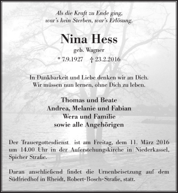 Anzeige von Nina Hess von  Extra Blatt 