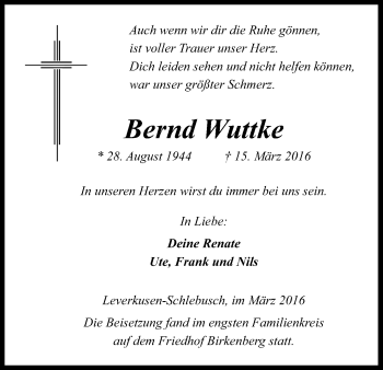 Anzeige von Bernd Wuttke von Kölner Stadt-Anzeiger / Kölnische Rundschau / Express