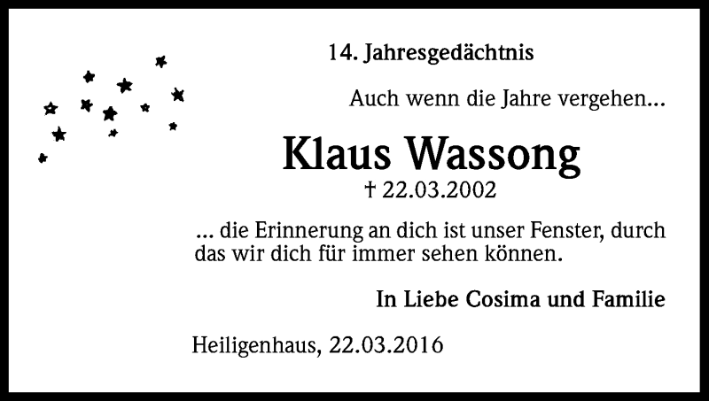  Traueranzeige für Klaus Wassong vom 26.03.2016 aus Kölner Stadt-Anzeiger / Kölnische Rundschau / Express