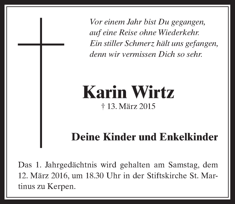  Traueranzeige für Karin Wirtz vom 09.03.2016 aus  Werbepost 