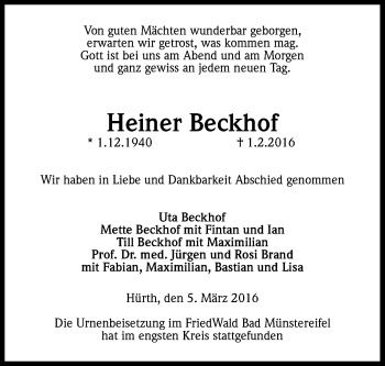Anzeige von Heiner Beckhof von Kölner Stadt-Anzeiger / Kölnische Rundschau / Express