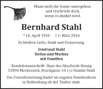 Anzeige von Bernhard Stahl von  Blickpunkt Euskirchen 