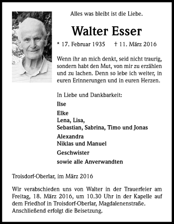 Anzeige von Walter Esser von Kölner Stadt-Anzeiger / Kölnische Rundschau / Express