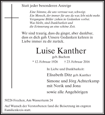 Anzeige von Luise Kanther von  Sonntags-Post 