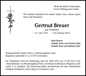 Anzeige von Gertrud Breuer von Kölner Stadt-Anzeiger / Kölnische Rundschau / Express