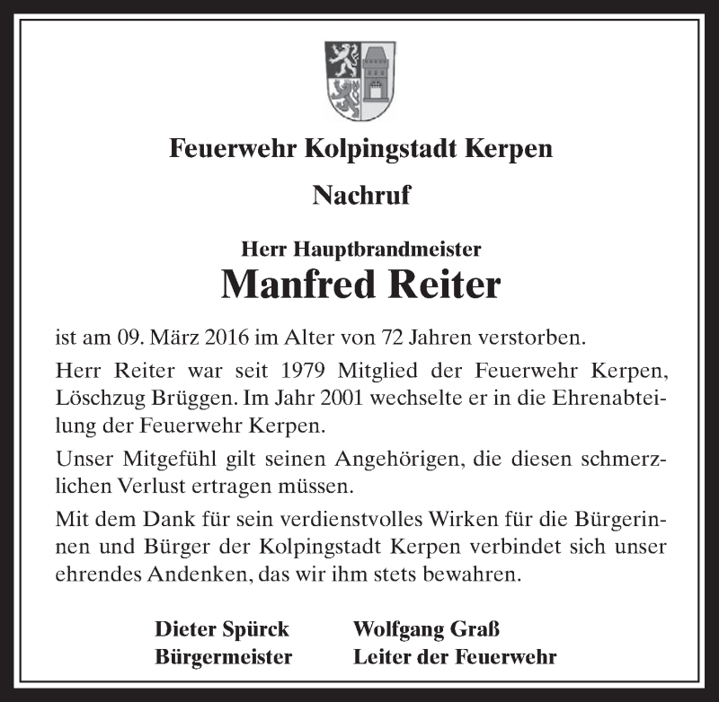  Traueranzeige für Manfred Reiter vom 23.03.2016 aus  Werbepost 