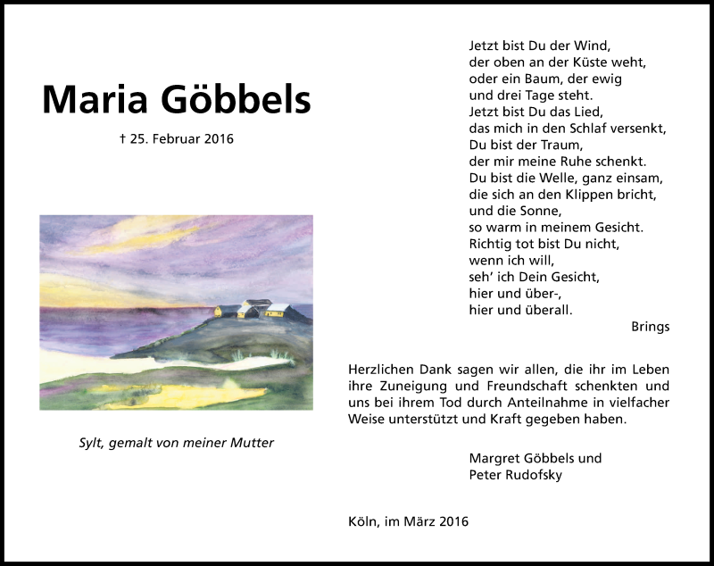  Traueranzeige für Maria Göbbels vom 19.03.2016 aus Kölner Stadt-Anzeiger / Kölnische Rundschau / Express
