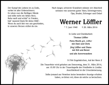 Anzeige von Werner Löffler von Kölner Stadt-Anzeiger / Kölnische Rundschau / Express