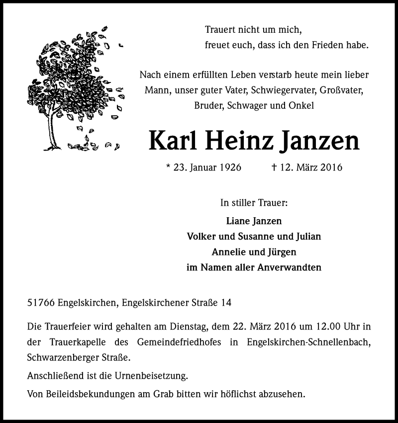 Traueranzeige für Karl Heinz Janzen vom 16.03.2016 aus Kölner Stadt-Anzeiger / Kölnische Rundschau / Express