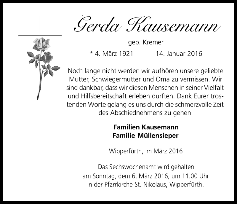  Traueranzeige für Gerda Kausemann vom 05.03.2016 aus Kölner Stadt-Anzeiger / Kölnische Rundschau / Express