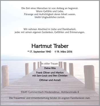 Anzeige von Hartmut Traber von  Anzeigen Echo 