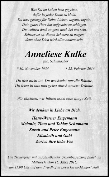 Anzeige von Anneliese Kulke von Kölner Stadt-Anzeiger / Kölnische Rundschau / Express