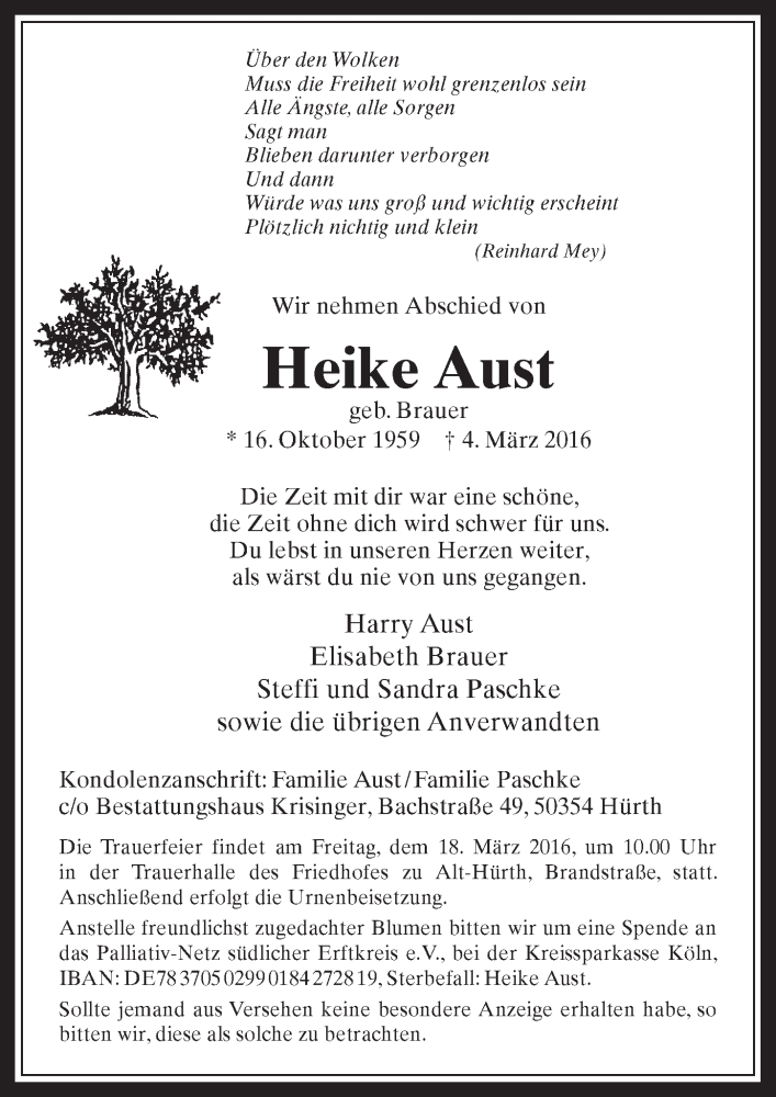  Traueranzeige für Heike Aust vom 16.03.2016 aus  Wochenende 