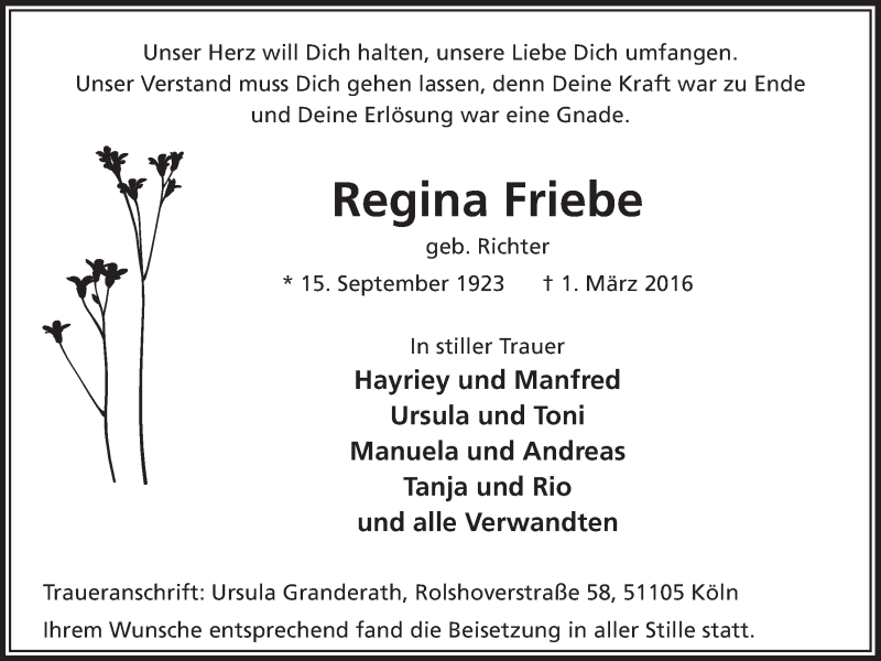 Traueranzeige für Regina Friebe vom 16.03.2016 aus  Bergisches Handelsblatt 