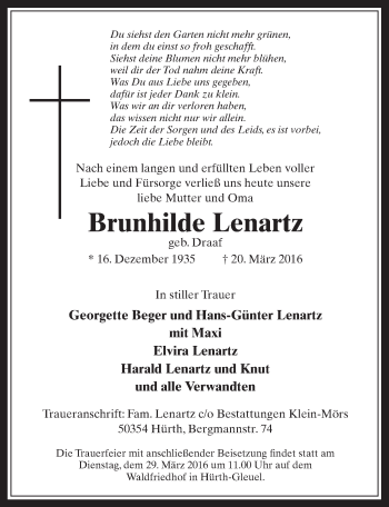 Anzeige von Brunhilde Lenartz von  Wochenende 