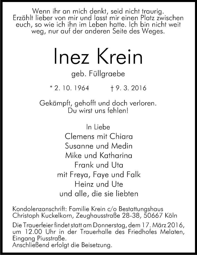  Traueranzeige für Inez Krein vom 12.03.2016 aus Kölner Stadt-Anzeiger / Kölnische Rundschau / Express
