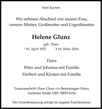 Anzeige von Helene Glunz von Kölner Stadt-Anzeiger / Kölnische Rundschau / Express