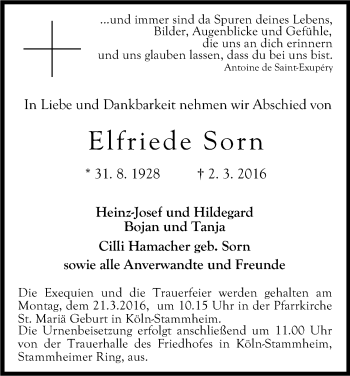 Anzeige von Elfriede Sorn von Kölner Stadt-Anzeiger / Kölnische Rundschau / Express