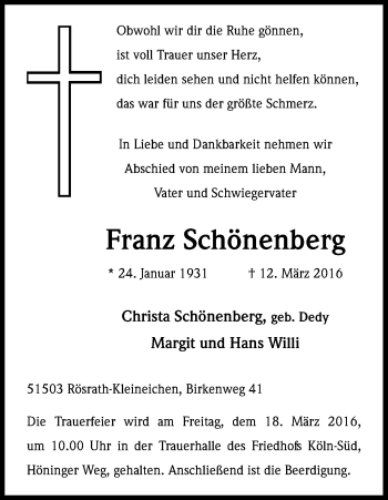 Anzeige von Franz Schönenberg von Kölner Stadt-Anzeiger / Kölnische Rundschau / Express