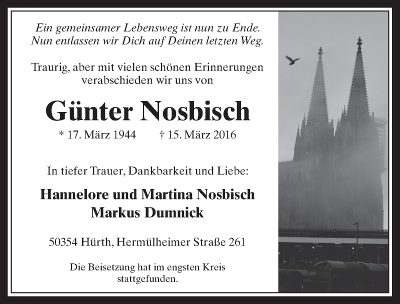  Traueranzeige für Günter Nosbisch vom 23.03.2016 aus  Wochenende 