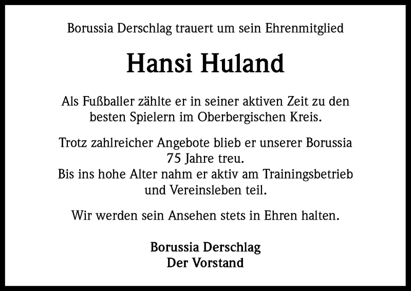  Traueranzeige für Hansi Huland vom 26.03.2016 aus Kölner Stadt-Anzeiger / Kölnische Rundschau / Express