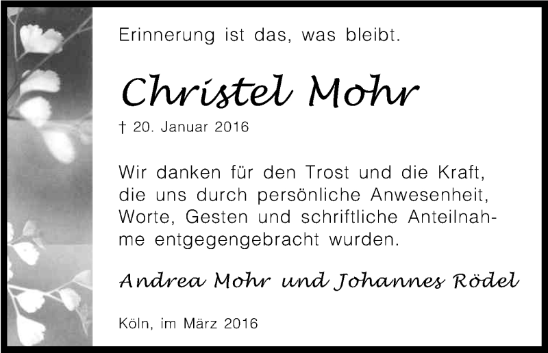  Traueranzeige für Christel Mohr vom 19.03.2016 aus Kölner Stadt-Anzeiger / Kölnische Rundschau / Express