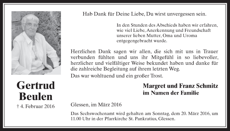  Traueranzeige für Gertrud Beulen vom 09.03.2016 aus  Werbepost 