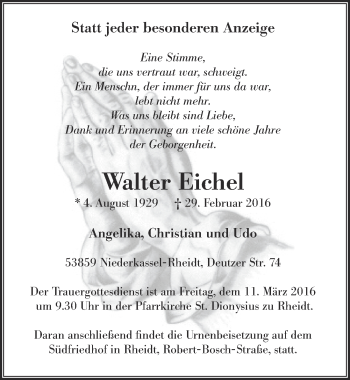 Anzeige von Walter Eichel von  Extra Blatt 