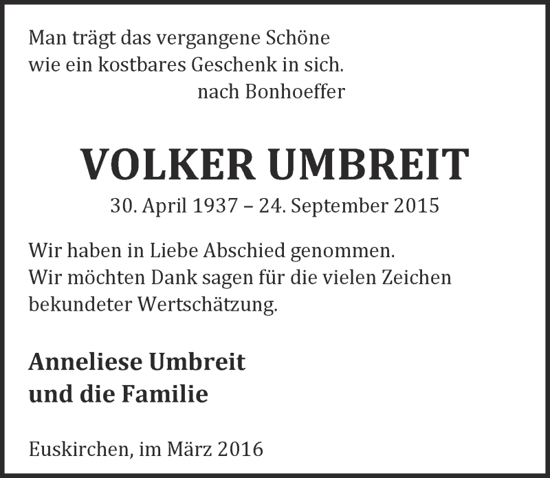  Traueranzeige für Volker Umbreit vom 06.03.2016 aus  Blickpunkt Euskirchen 