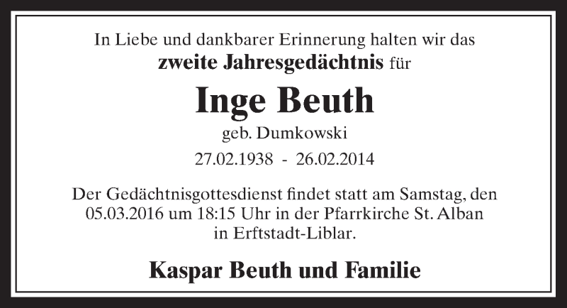  Traueranzeige für Inge Beuth vom 02.03.2016 aus  Werbepost 