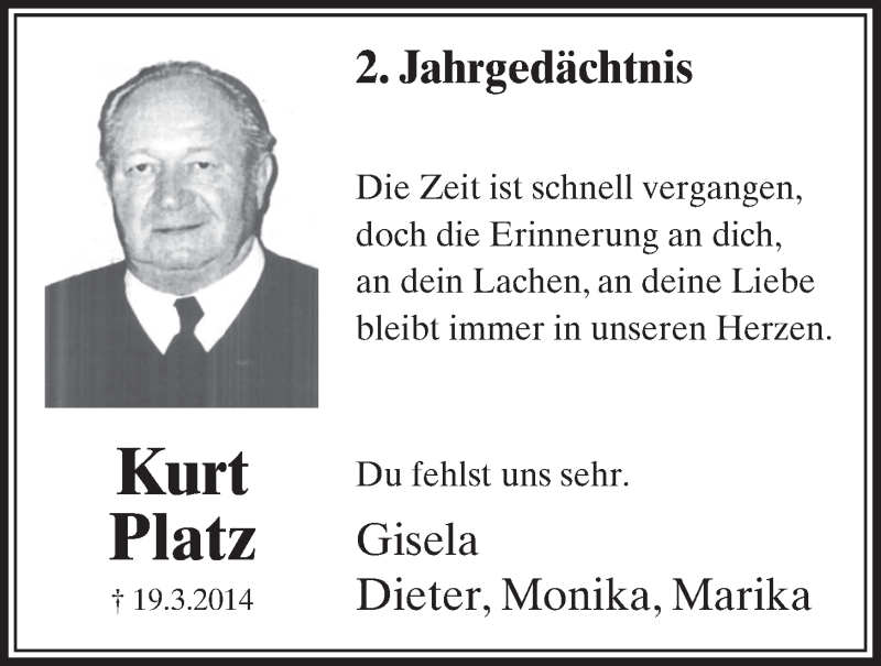  Traueranzeige für Kurt Platz vom 23.03.2016 aus  Schlossbote/Werbekurier 