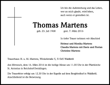 Anzeige von Thomas Martens von Kölner Stadt-Anzeiger / Kölnische Rundschau / Express