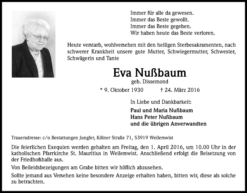  Traueranzeige für Eva Nußbaum vom 30.03.2016 aus Kölner Stadt-Anzeiger / Kölnische Rundschau / Express