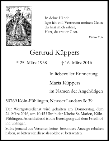 Anzeige von Gertrud Küppers von Kölner Stadt-Anzeiger / Kölnische Rundschau / Express