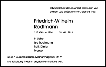 Anzeige von Friedrich-Wilhelm Rodtmann von Kölner Stadt-Anzeiger / Kölnische Rundschau / Express