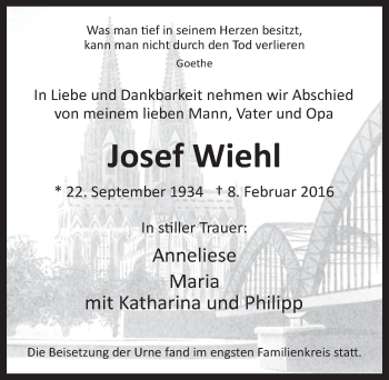 Anzeige von Josef Wiehl von  Kölner Wochenspiegel 