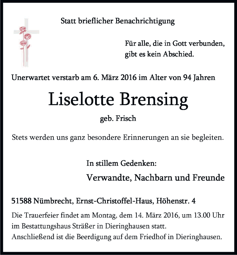  Traueranzeige für Liselotte Brensing vom 11.03.2016 aus Kölner Stadt-Anzeiger / Kölnische Rundschau / Express